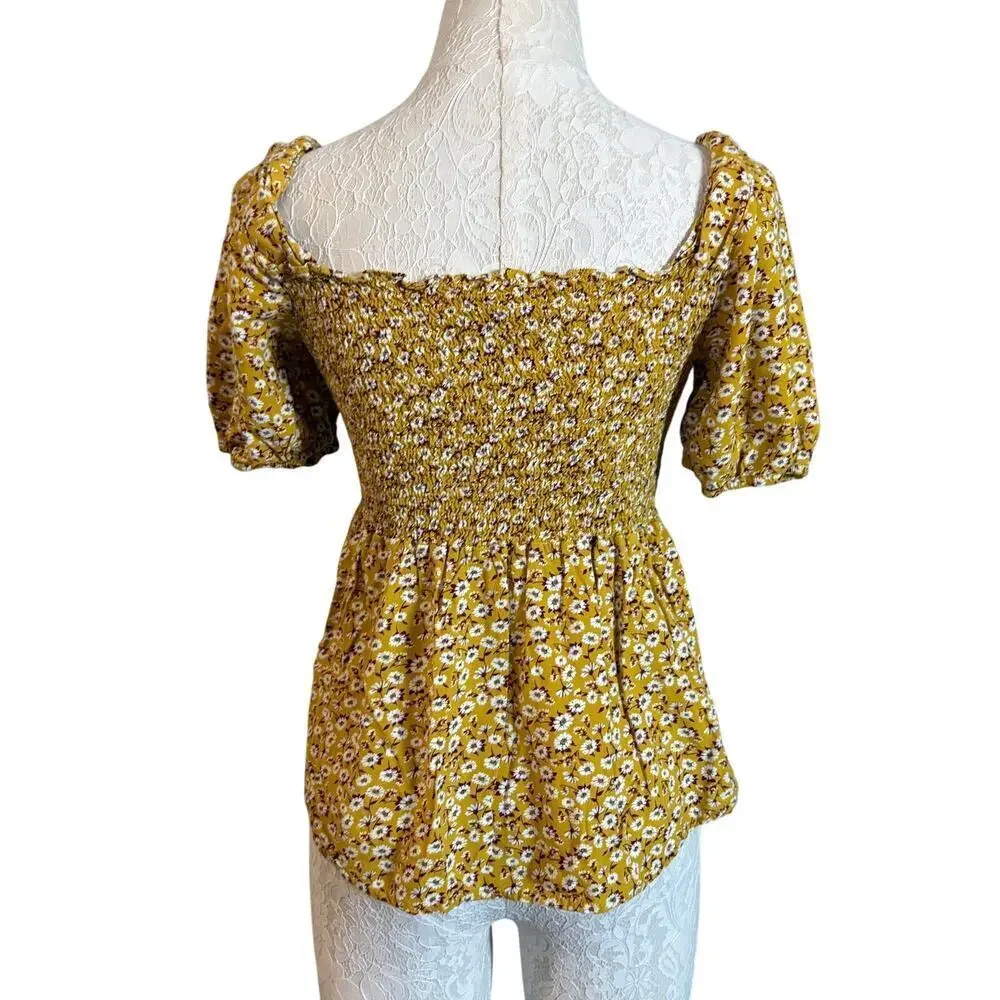 Floral Smocked  Milkmaid Peaplum Bell sleeve top Womens XL Cottagecore Fairy Y2k